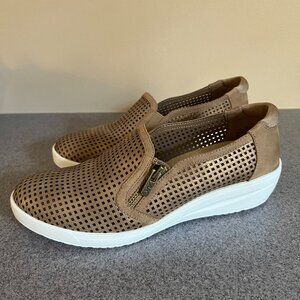 Anne Klein Sport | Yale Laser Cut Suede Wedge Sneakers | Taupe/White | Size 7